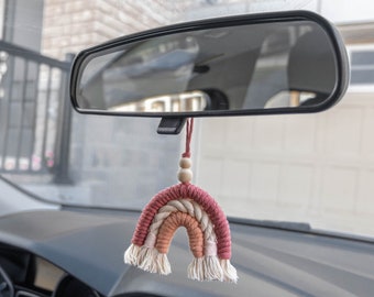 Macrame Rainbow Car Charm, Essential Oil Car Diffuser, Small Boho Rear View Mirror Car Hanging Accessories, Car Decorations Interior Decor