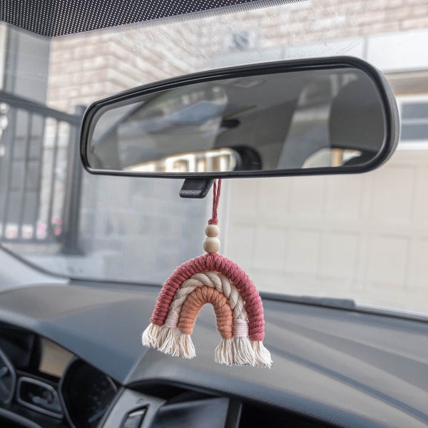 Macrame Rainbow Car Charm, Essential Oil Car Diffuser, Small Boho Rear View Mirror Car Hanging Accessories, Car Decorations Interior Decor