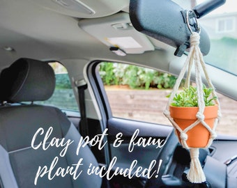 Small Macrame Plant Hanger, Rear View Mirror Charm, Simple Minimalist Hanging Planter, Succulent Holder, Cute Car Accessories Gifts for Her