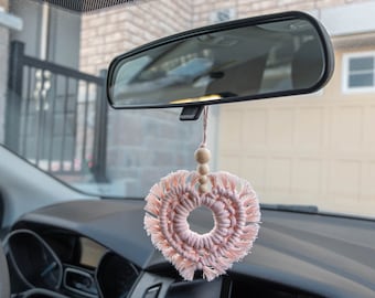 Heart Macrame Car Essential Oil Diffuser, Boho Car Hanging Accessories, Rear View Mirror Charms Hanger, Car Decorations Interior, Wood Beads