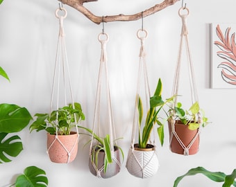 Macrame Plant Hanger No Tassel Fringe, Indoor Hanging Planter Without Tail With Beads, Simple Minimalist Rope Modern Boho Macrame Pot Holder