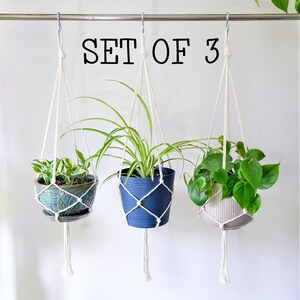 May include: Set of three macrame plant hangers with white cord and wooden beads. The hangers are hanging from a metal rod. Each hanger has a different colored pot with a plant inside. The pots are blue, green, and white.