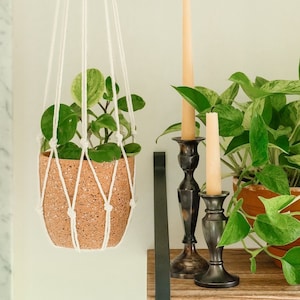 May include: A white macrame plant hanger with a potted plant hanging from it. The plant is in a brown pot with a cork-like texture. The hanger is attached to a hook on the ceiling. There are two candlesticks with candles on a shelf below the plant hanger.