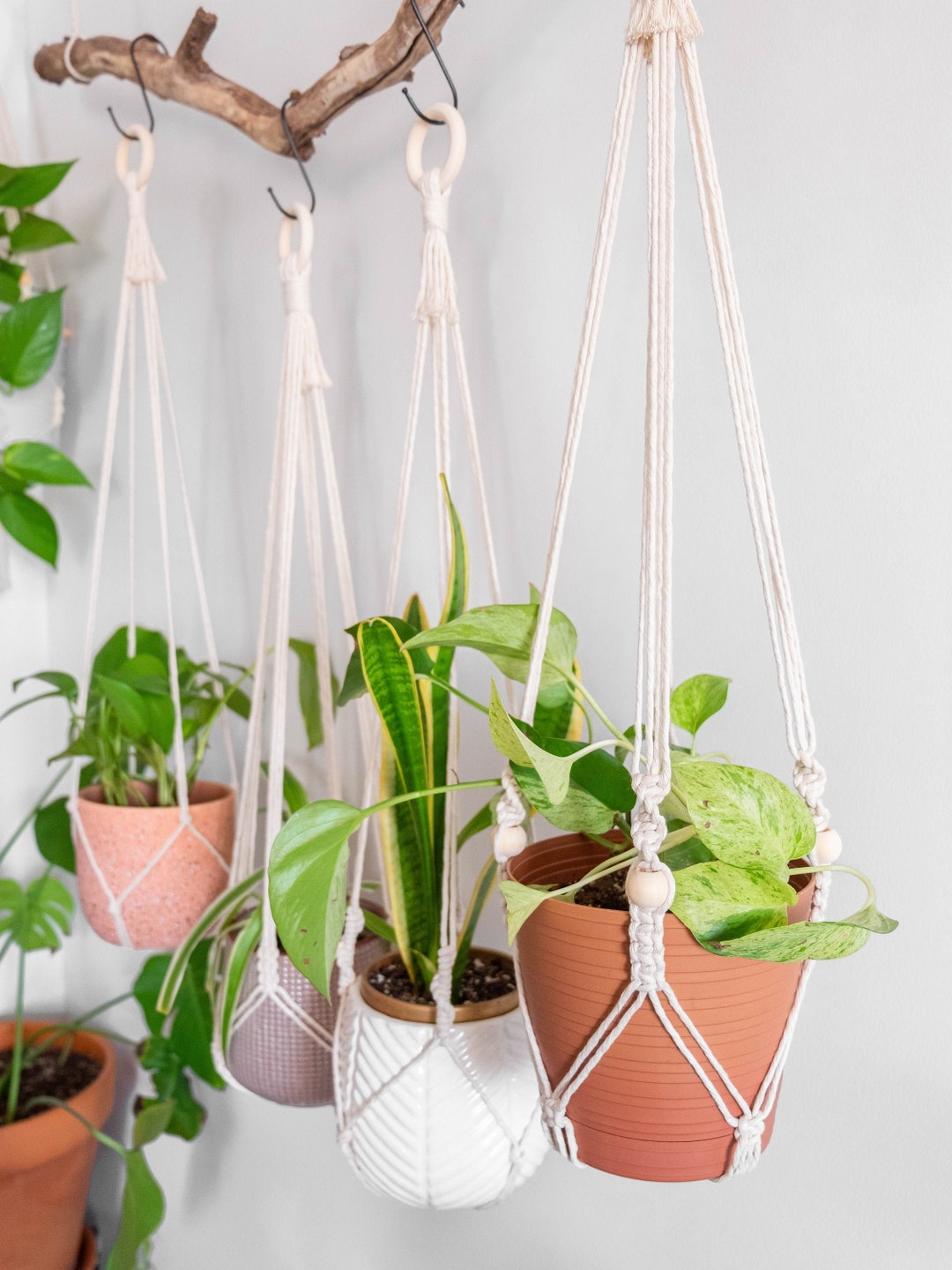 Suspension Macramé Double Couche Pour Plantes - Corde Coton 1,4 M, Pot 12-20 Cm - Décoration Bohème Intérieur, Bureau