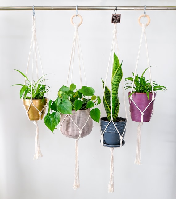 BLUMENAMPEL, Blumenampel für drinnen, Makramee Pflanzenhänger, minimalistische Blumenampel, weißes Seil
