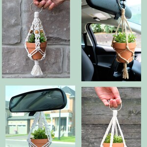 May include: Four images showing a small macrame plant hanger with a small terracotta pot and a small plant inside. The hanger is shown hanging from a car's rearview mirror and being held by a hand. The text "More Cute Mini Plant Hangers!" is at the top of the image and "Link on description" is at the bottom of the image.