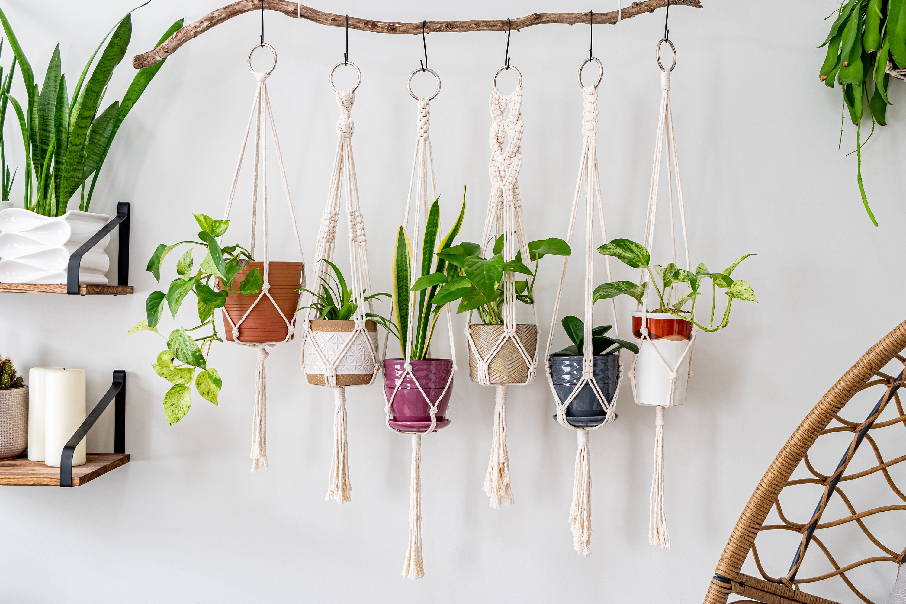 Set Di 4 Ganci Per Piante In Macramè ANROYE – Fioriere Sospese In Cotone Con Nappe E Perline, Decorazione Boho Per Interni