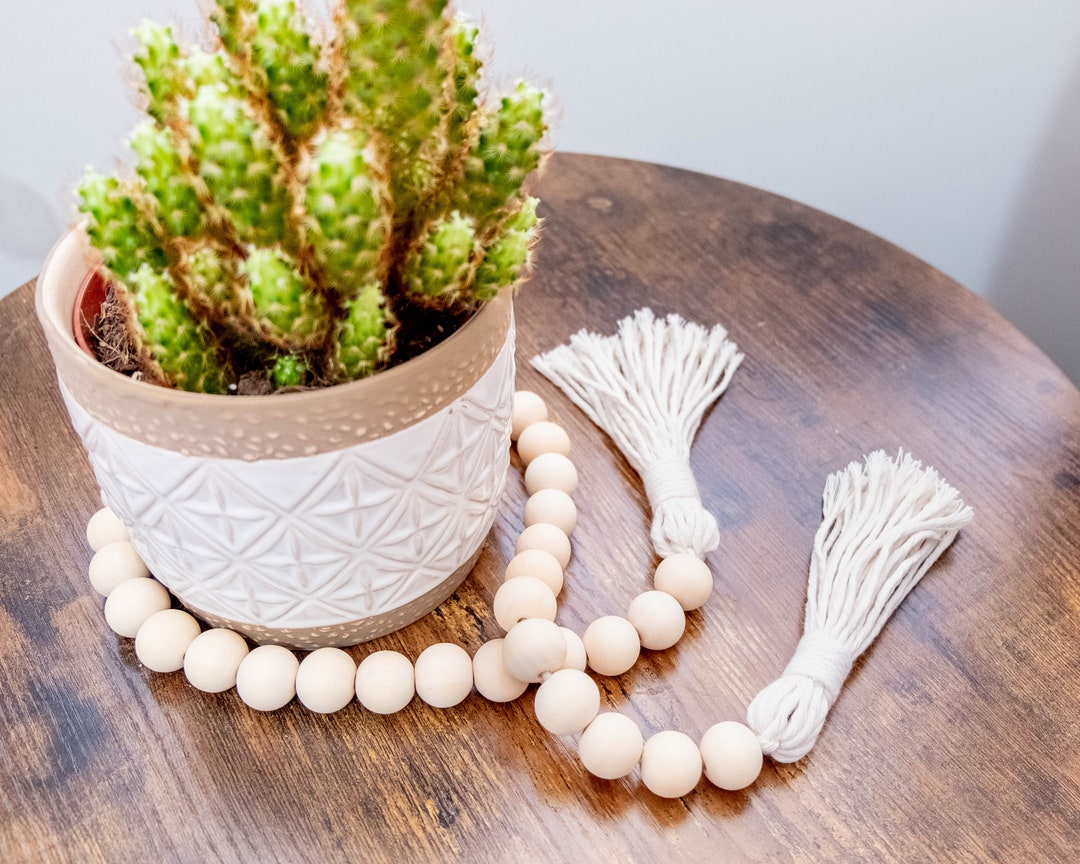 Wooden Bead Garland, Wood Bead Garland, Tiered Tray Decor, Tassel - Main Image