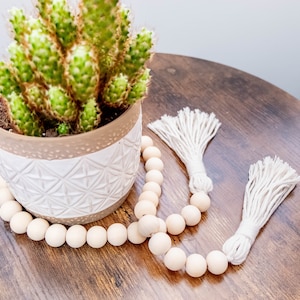 May include: A white ceramic pot with a geometric pattern holds a green succulent plant. A wooden bead garland with white tassels hangs around the pot.