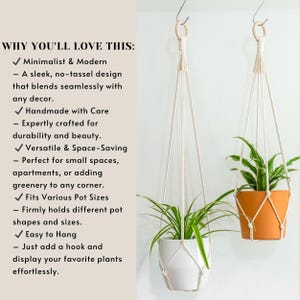 May include: Two macrame plant hangers with white rope and wooden rings, each holding a potted plant. The plant hangers are hanging from a white wall. The text "WHY YOU'LL LOVE THIS:" is visible on the left side of the image.