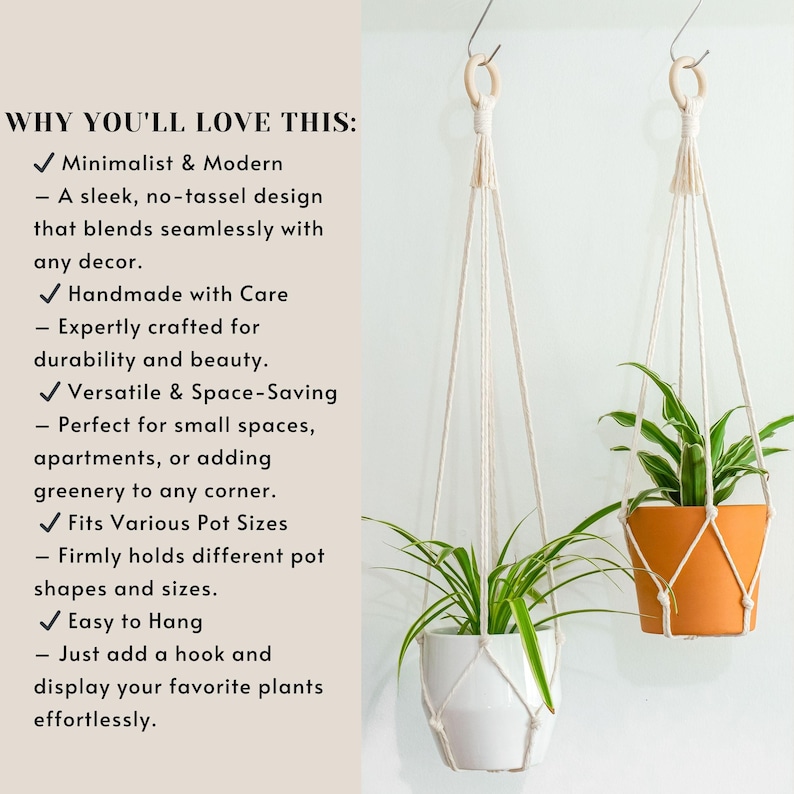 May include: Two macrame plant hangers with white rope and wooden rings, each holding a potted plant. The plant hangers are hanging from a white wall. The text "WHY YOU'LL LOVE THIS:" is visible on the left side of the image.