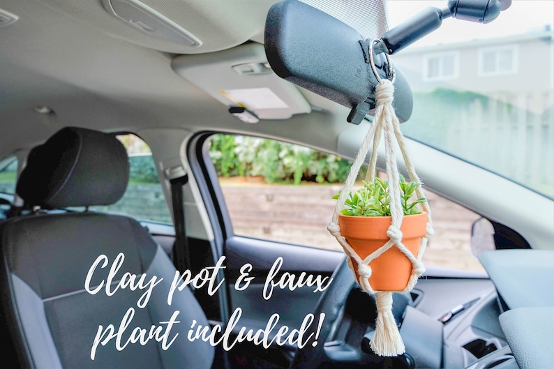 Rear View Mirror Car Accessories, Cute Car Charm, Car Decorations Interior, Small Macrame Plant Hanger, Mini Hanging Planter, Succulent Pot image 3