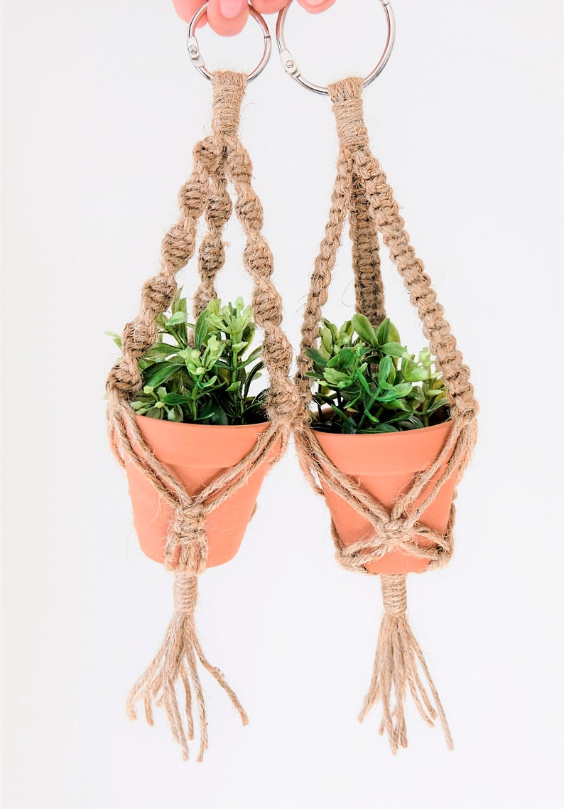 May include: Two terracotta pots containing green plants are suspended from macrame hangers with metal rings. The hangers are made of natural jute rope with tassels.