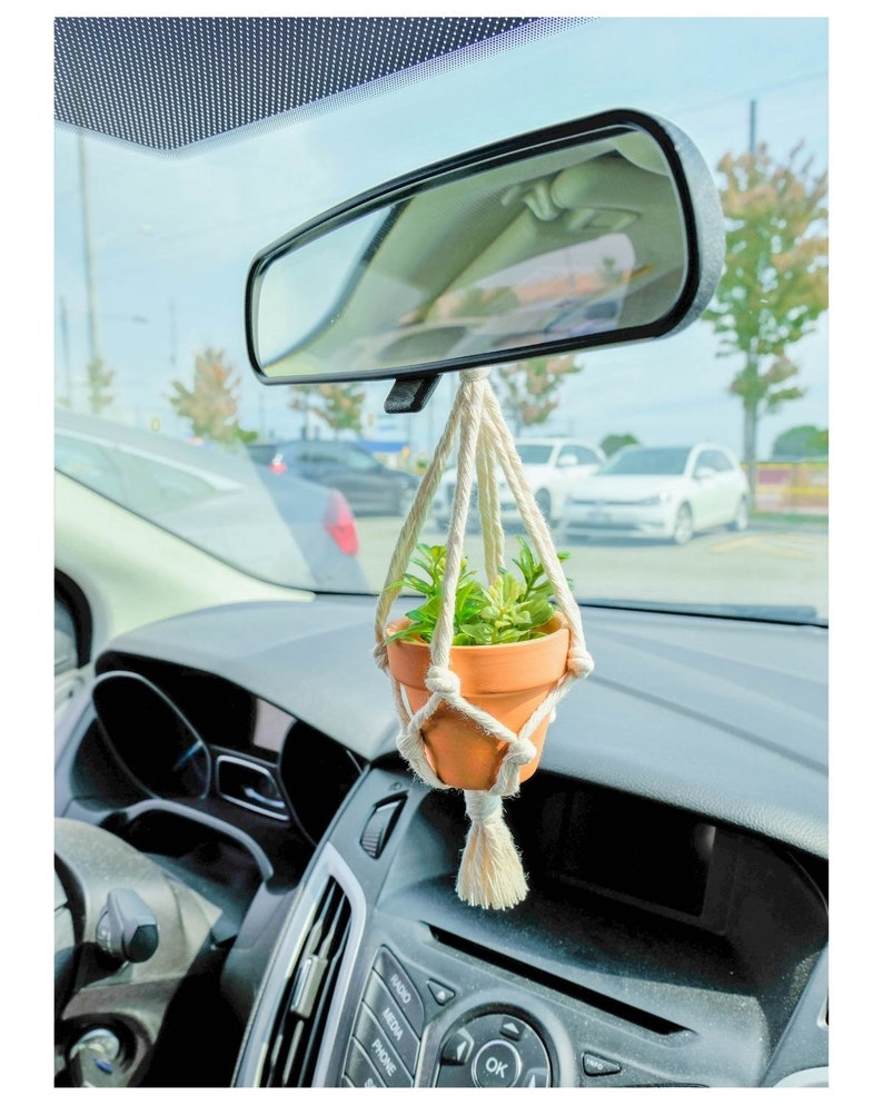 Rear View Mirror Car Accessories, Cute Car Charm, Car Decorations Interior, Small Macrame Plant Hanger, Mini Hanging Planter, Succulent Pot image 2