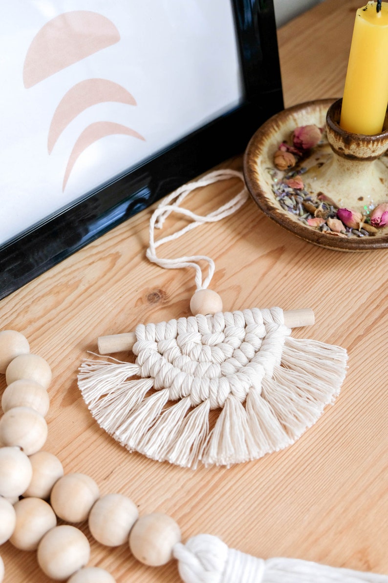 Half Moon Macrame Car Diffuser, Mini Macrame Car Charm, Car Decorations Interior, Essential Oil Diffuser Hanging Rear View Mirror Accessory image 3