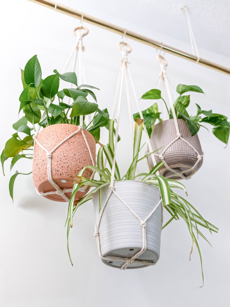 Set of 3 Simple Minimalist No Tassel Macrame Plant Hanger Set, Modern Plant Hanger Indoor Hanging Planter Pot Holder Set, 25, 30, 35 long image 4