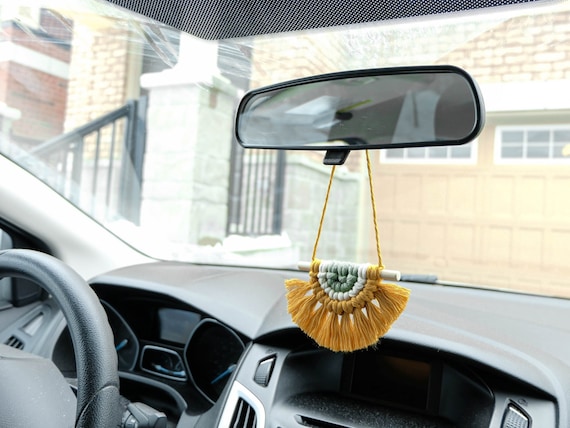 Half Moon Mini Macrame Car Charm, Car Decorations Interior, Cute Boho Rear View Mirror Accessory, Car Hanging Decor, Rear View Mirror Charm