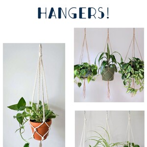 May include: Four macrame plant hangers with different colored pots and plants. The hangers are made of natural white cotton rope and have a simple design. The text "MORE SIMPLE MINIMALIST PLANT HANGERS!" is at the top of the image. The text "Link on description" is at the bottom of the image.