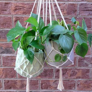 May include: Two hanging plant pots with green plants. The pots are made of a woven material and are hanging from a white rope. The pots are against a brick wall.
