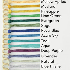 May include: A chart with 18 different colors of embroidery floss, each color is labeled with its name. The colors include Marsala, Iced Coffee, Soft Pink, Mellow Apricot, Mustard, Pineapple, Lime Green, Evergreen, Sage, Royal Blue, Azure Sky, Teal, Aqua, Deep Purple, Lavender, Natural, Blue Thistle, Oatmeal, Charcoal, and Black.