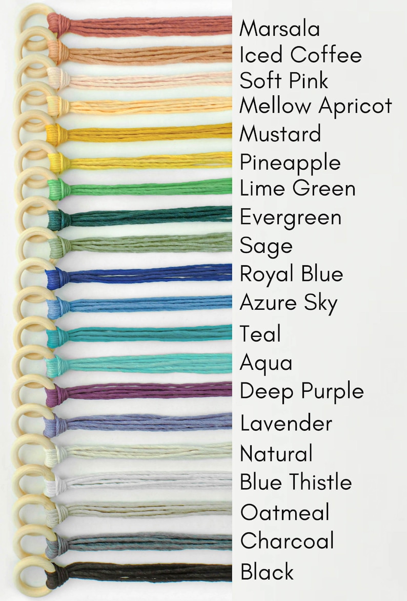 May include: A chart with 18 different colors of embroidery floss, each color is labeled with its name. The colors include Marsala, Iced Coffee, Soft Pink, Mellow Apricot, Mustard, Pineapple, Lime Green, Evergreen, Sage, Royal Blue, Azure Sky, Teal, Aqua, Deep Purple, Lavender, Natural, Blue Thistle, Oatmeal, Charcoal, and Black.