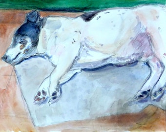 May include: Watercolor painting of a white dog with black markings sleeping on a light blue rug. The dog is curled up with its head resting on the rug.