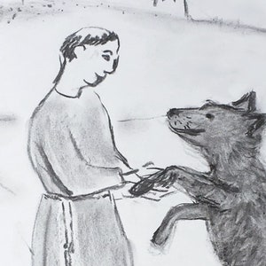 Può includere: Un disegno in bianco e nero di una persona con una lunga veste che interagisce con un cane. Il cane è in piedi sulle zampe posteriori e sembra scodinzolare.