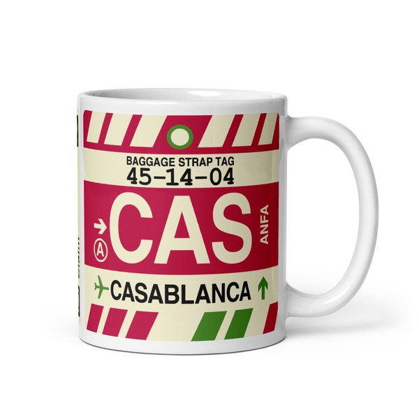CASABLANCA Coffee Mug • Vintage Baggage Tag Design with the CAS Airport Code • Perfect Souvenir Gift for Morocco Lovers