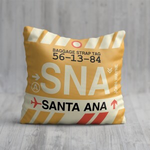 SANTA ANA California Throw Pillow • SNA Airport Code • Travel Souvenir / Aviation Gift / Wanderlust Decor / Location Art / Vacation Memento
