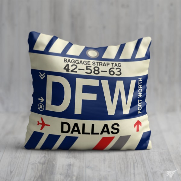 Dallas-Fort Worth Throw Pillow • Vintage Baggage Tag Design with the DFW Airport Code • Perfect Souvenir Gift for Texas Lovers