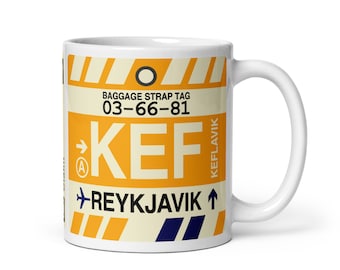 REYKJAVIK Iceland Coffee Mug • KEF Airport Code • Travel Souvenir / Aviation Gift / Wanderlust Memento / Location Art / Vacation Keepsake