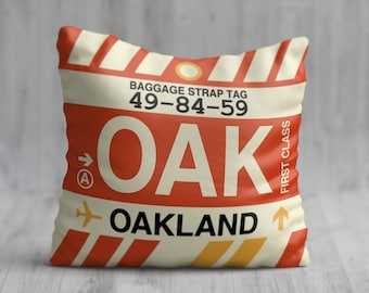 OAKLAND California Throw Pillow • OAK Airport Code • Travel Souvenir / Aviation Gift / Wanderlust Decor / Location Art / Vacation Memento