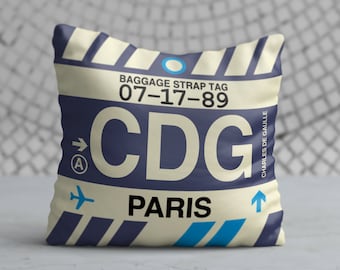 PARIS France Throw Pillow • CDG Airport Code • Travel Souvenir / Aviation Gift / Wanderlust Decor / Location Artwork / Vacation Memento