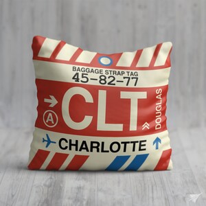 CHARLOTTE North Carolina Throw Pillow • CLT Airport Code • Travel Souvenir / Aviation Gift / Wanderlust Decor / Location Artwork