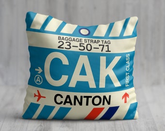 CANTON Throw Pillow • Vintage Baggage Tag Design with the CAK Airport Code • Perfect Souvenir Gift for Ohio Lovers