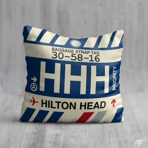 Cojín decorativo de HILTON HEAD, Carolina del Sur • Código de aeropuerto HHH • Recuerdo de viaje / Regalo de aviación / Decoración de pasión por los viajes / Ilustración de ubicación