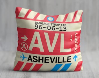 ASHEVILLE North Carolina Throw Pillow • AVL Airport Code • Travel Souvenir / Aviation Gift / Wanderlust Decor / Location Artwork