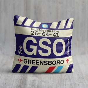 GREENSBORO North Carolina Throw Pillow • GSO Airport Code • Travel Souvenir / Aviation Gift / Wanderlust Decor / Location Artwork / Memento