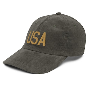 USA Vintage Corduroy Cap • Patriotic USA Hat • Gift for American • Retro USA Cap • Vintage Hat • American Pride Hat • Old Gold Embroidery