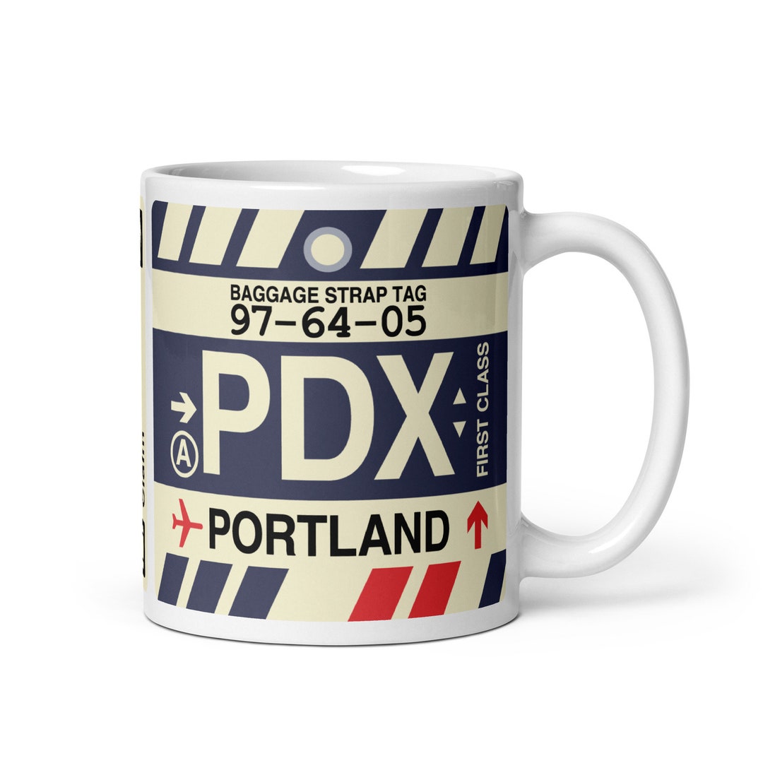 PORTLAND Coffee Mug Vintage Baggage Tag Design With the PDX Airport