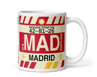 MADRID Coffee Mug • Vintage Baggage Tag Design with the MAD Airport Code • Perfect Souvenir Gift for Spain Lovers