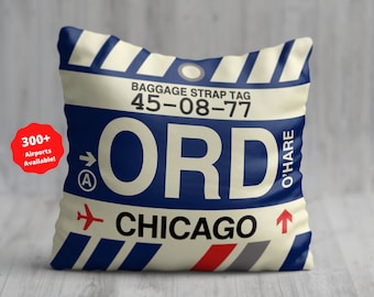 CHICAGO Illinois Throw Pillow • ORD Airport Code • Travel Souvenir / Aviation Gift / Wanderlust Decor / Location Artwork / Vacation Memento