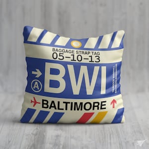 BALTIMORE Maryland Throw Pillow • BWI Airport Code • Travel Souvenir / Aviation Gift / Wanderlust Decor / Location Art / Vacation Memento