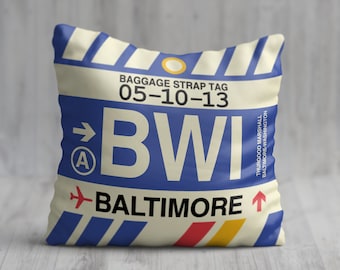 BALTIMORE Throw Pillow • Vintage Baggage Tag Design with the BWI Airport Code • Perfect Souvenir Gift for Maryland Lovers