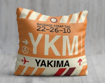 YAKIMA Washington Throw Pillow • YKM Airport Code • Travel Souvenir / Aviation Gift / Wanderlust Decor / Location Artwork / Vacation Memento