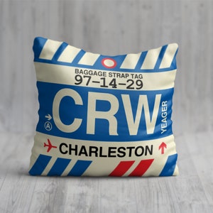 CHARLESTON West Virginia Throw Pillow • CRW Airport Code • Travel Souvenir / Aviation Gift / Wanderlust Decor / Location Artwork