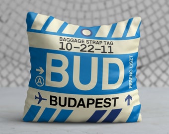 BUDAPEST Throw Pillow • Vintage Baggage Tag Design with the BUD Airport Code • Perfect Souvenir Gift for Hungary Lovers