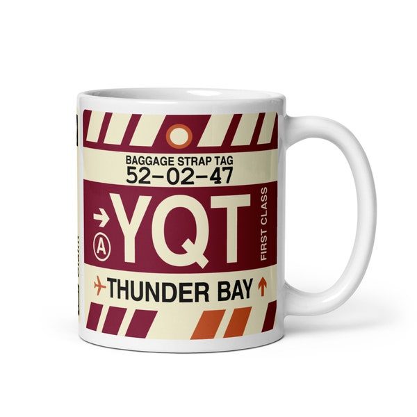 THUNDER BAY Coffee Mug • Vintage Baggage Tag Design with the YQT Airport Code • Perfect Souvenir Gift for Ontario Lovers