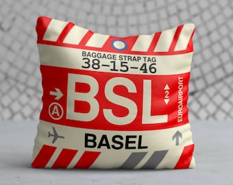 BASEL Switzerland Throw Pillow • BSL Airport Code • Travel Souvenir / Aviation Gift / Wanderlust Decor / Location Artwork / Vacation Memento
