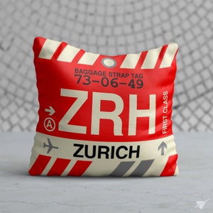 ZURICH Throw Pillow • Vintage Baggage Tag Design with the ZRH Airport Code • Perfect Souvenir Gift for Switzerland Lovers